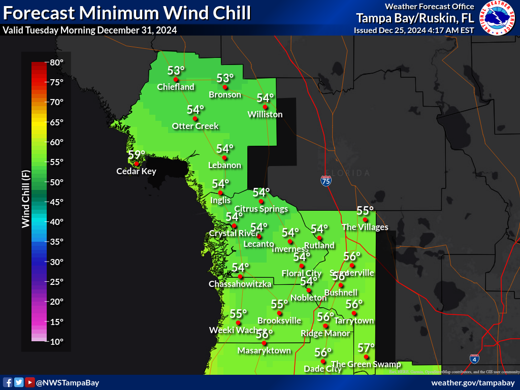 Minimum Wind Chill for Night 6 across the Nature Coast