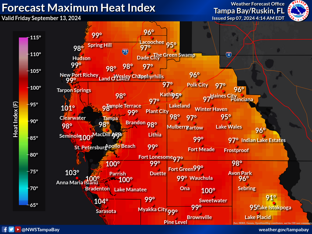 Maximum Heat Index for Day 7 across West Central Florida