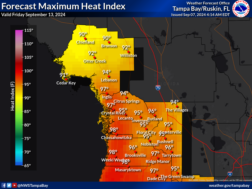 Maximum Heat Index for Day 7 across the Nature Coast