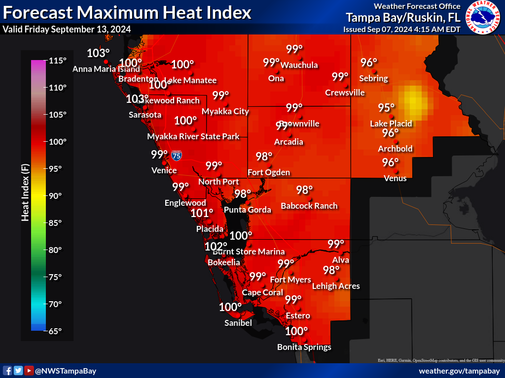 Maximum Heat Index for Day 7 across Southwest Florida