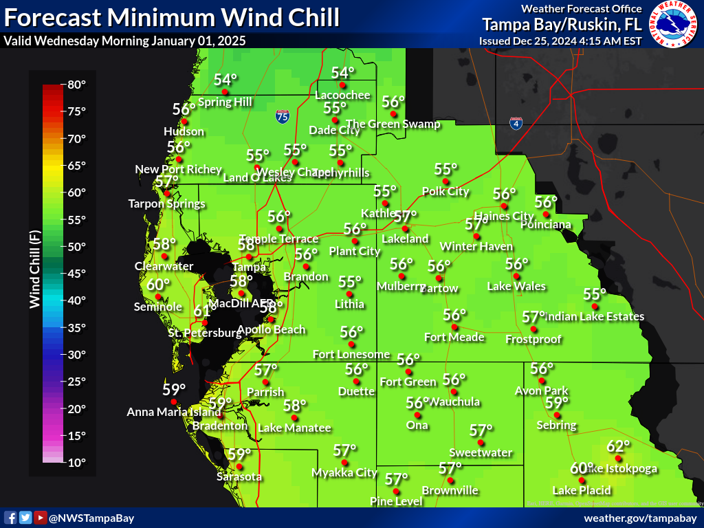 Minimum Wind Chill for Night 7 across West Central Florida