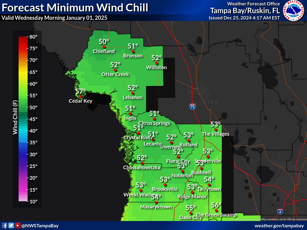 Minimum Wind Chill for Night 7 across the Nature Coast