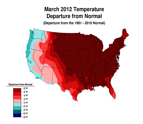 March 2012 state temperature departure