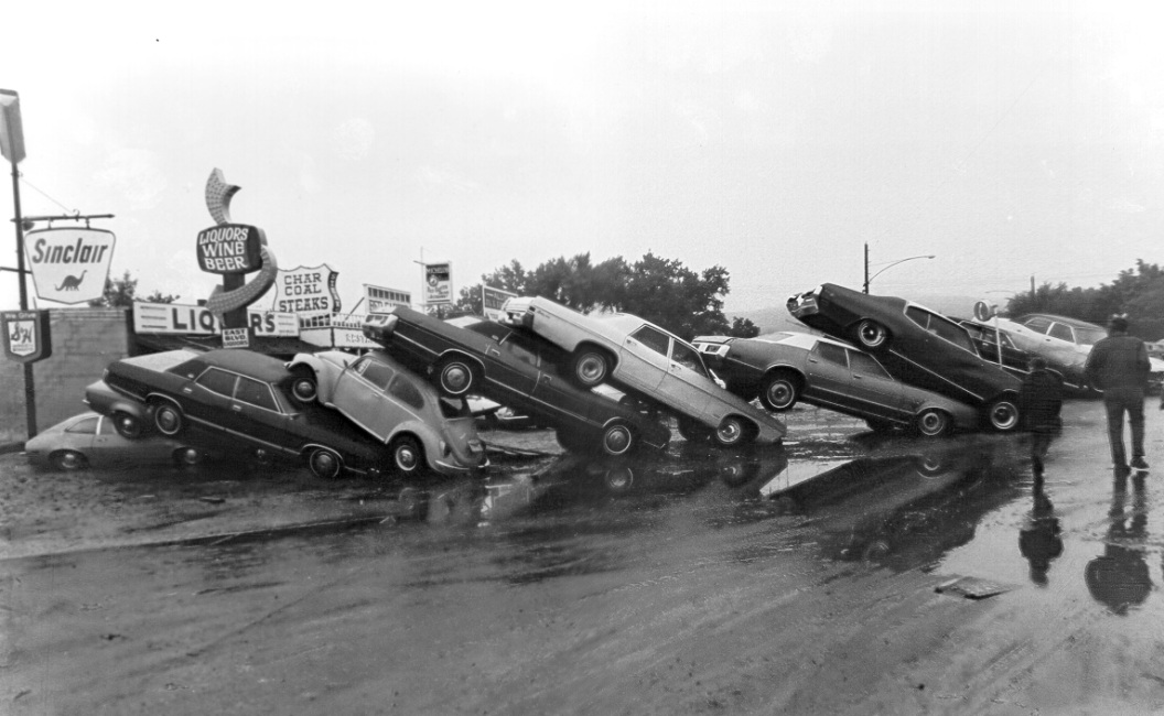 Tree damage at Canyon Lake Park following the 1972 Rapid City flood (photo courtesy of the Rapid City Journal).