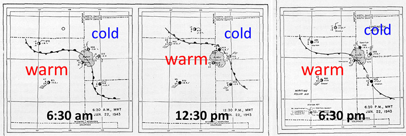 Weather maps showing the position of the front around the Black Hills on January 22, 1943 (from Monthly Weather Review, March 1943)