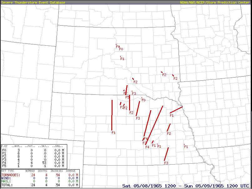 Map of tornadoes on May 8, 1965