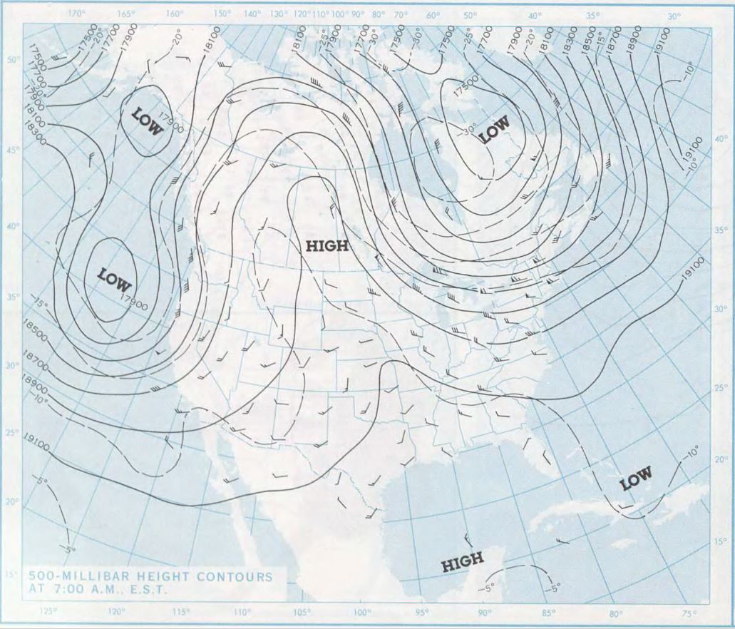 500 millibar map for the morning of June 9, 1972 (approximately 18,000 feet above sea level)