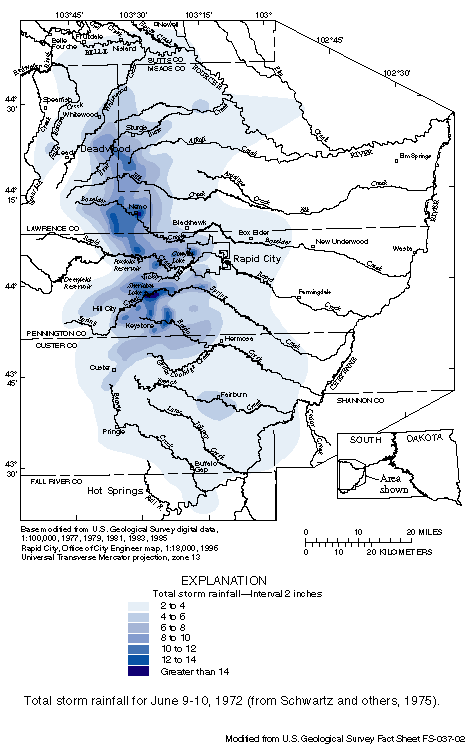 Total storm rainfall for June 9-10, 1972 (from Schwartz and others, 1975)