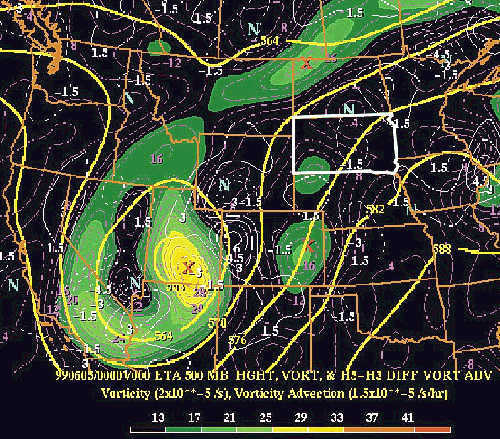 Eta 500mb heights/vorticity and vorticity advection at 00z on the 5th