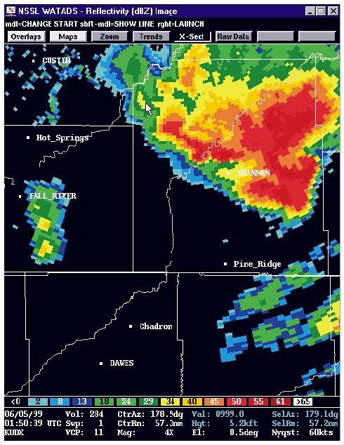 Radar velocity at 7:50 pm MDT on June 4, 1999