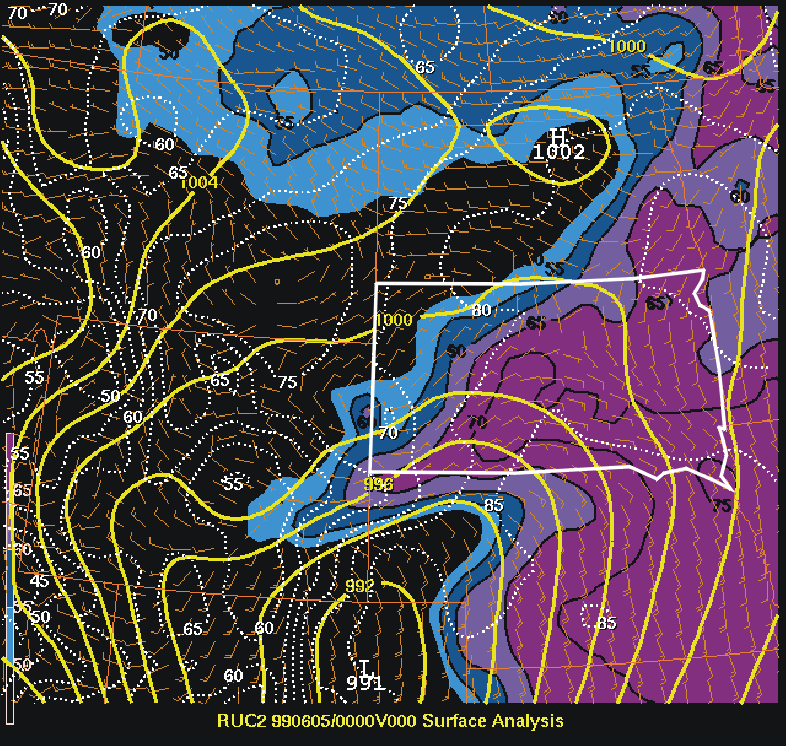 RUC surface MSLP, dewpoint, and wind analysis valid at 00z on June 5, 1999