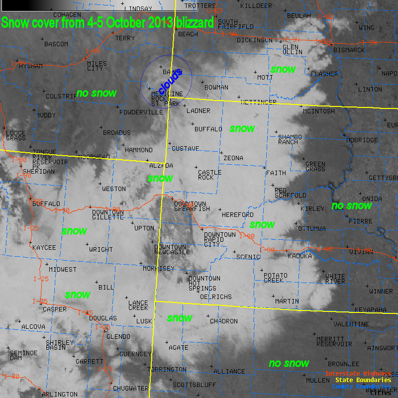 Visible satellite image on Oct 6 showing the deep snow cover over Wyoming, western South Dakota, northwestern Nebraska, southwestern North Dakota, and southeastern Montana.