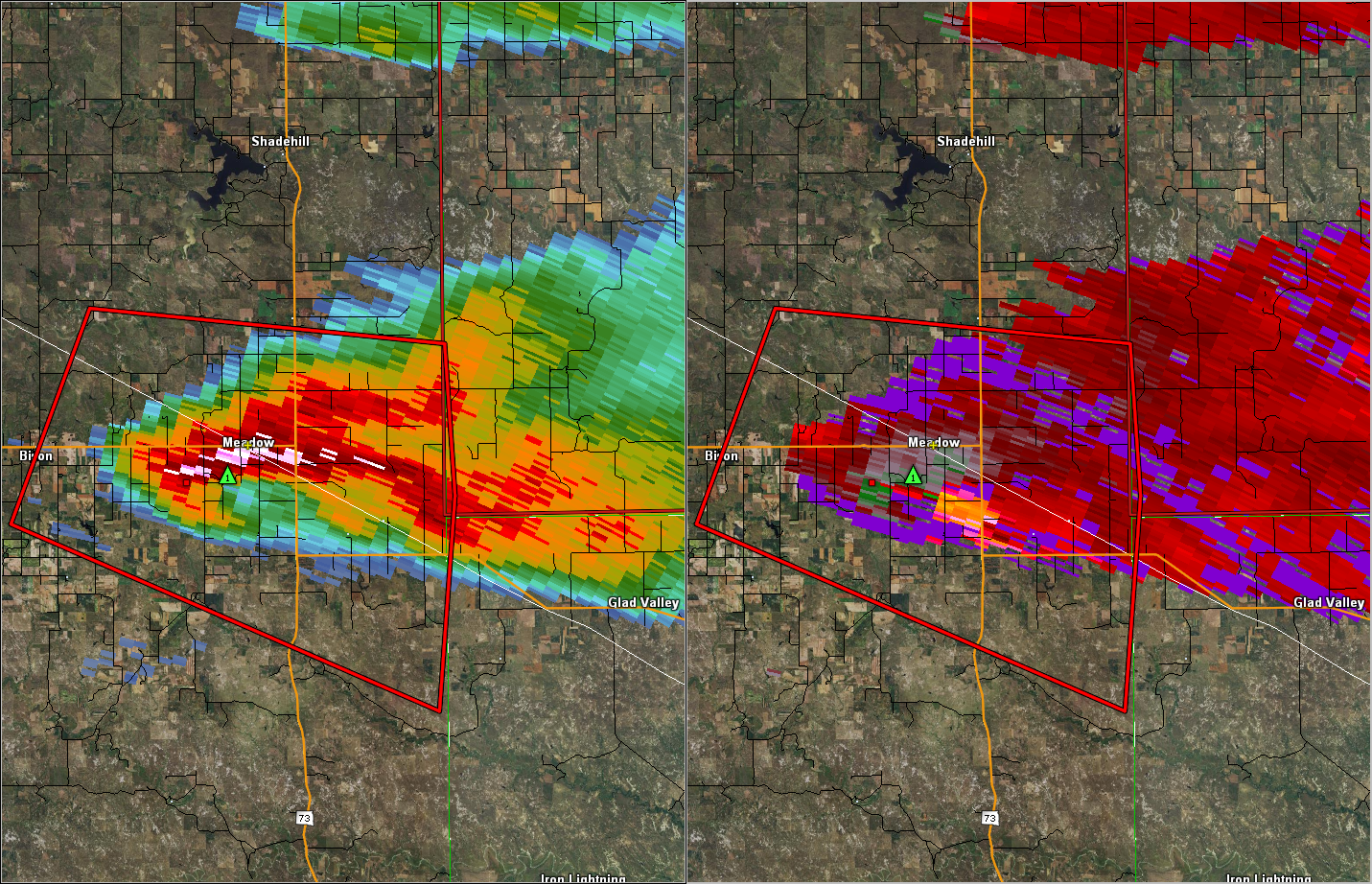 Radar reflectivity and velocity of the tornado near Meadow at 8:03 pm MDT