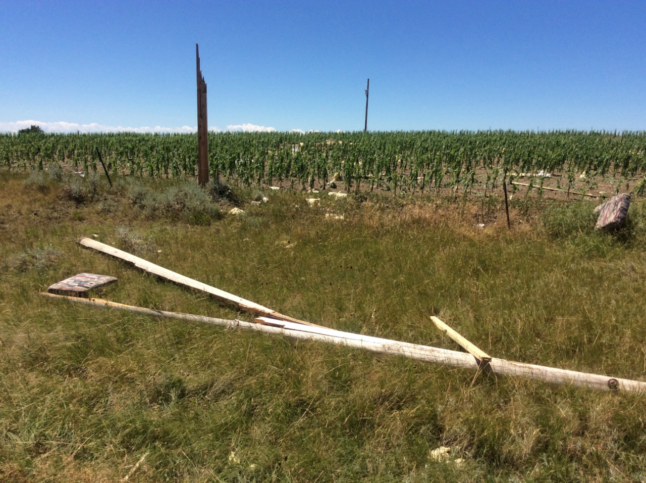 Snapped power pole and debris from cabin