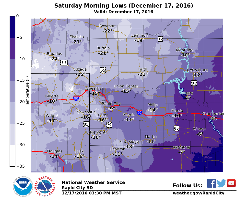 Low Temperatures Saturday Morning December 17, 2016