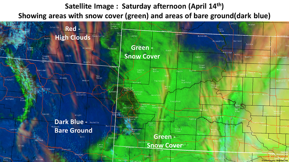 GOES 16 Red-Green-Blue image with snow cover in Green and bare ground in Blue.