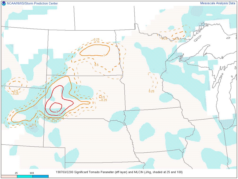 Significant tornado parameter (indicative of >= EF2 tornadoes) valid at 4 pm MDT, July 3, 2019