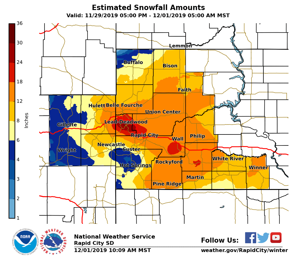 Photo of preliminary snowfall amounts