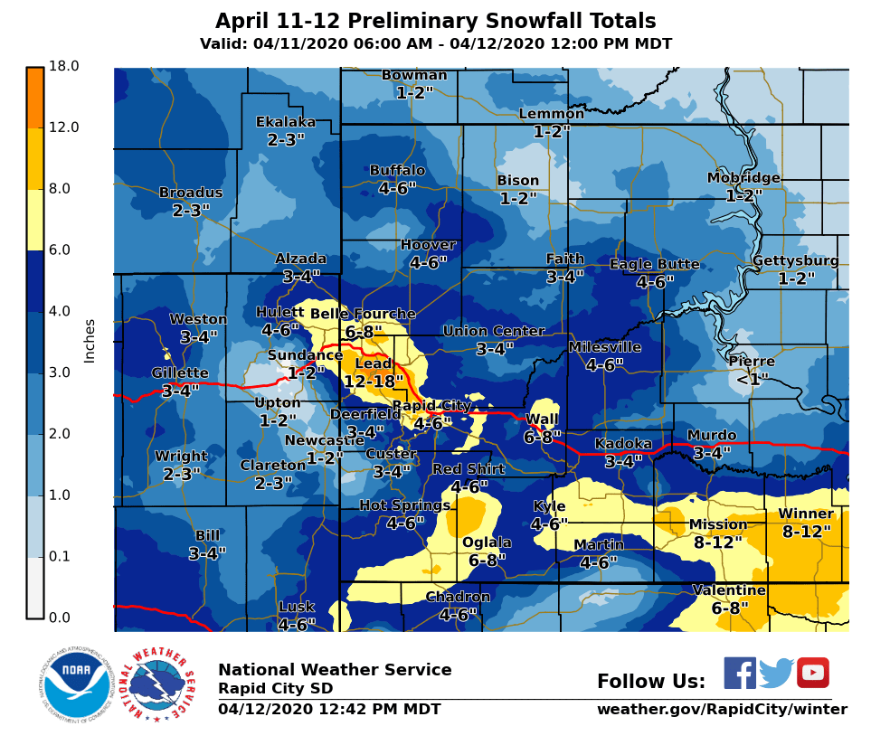 April 11-12, 2020 Preliminary Snowfall Totals