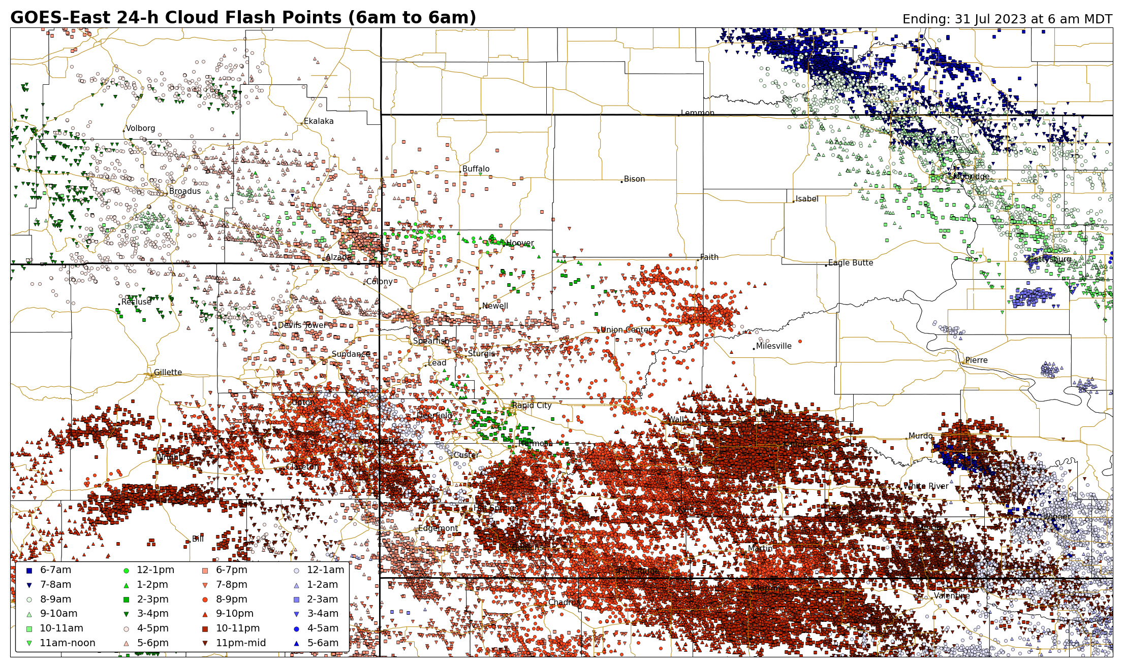 24-hour Lightning Map ending 12z July 31, 2023