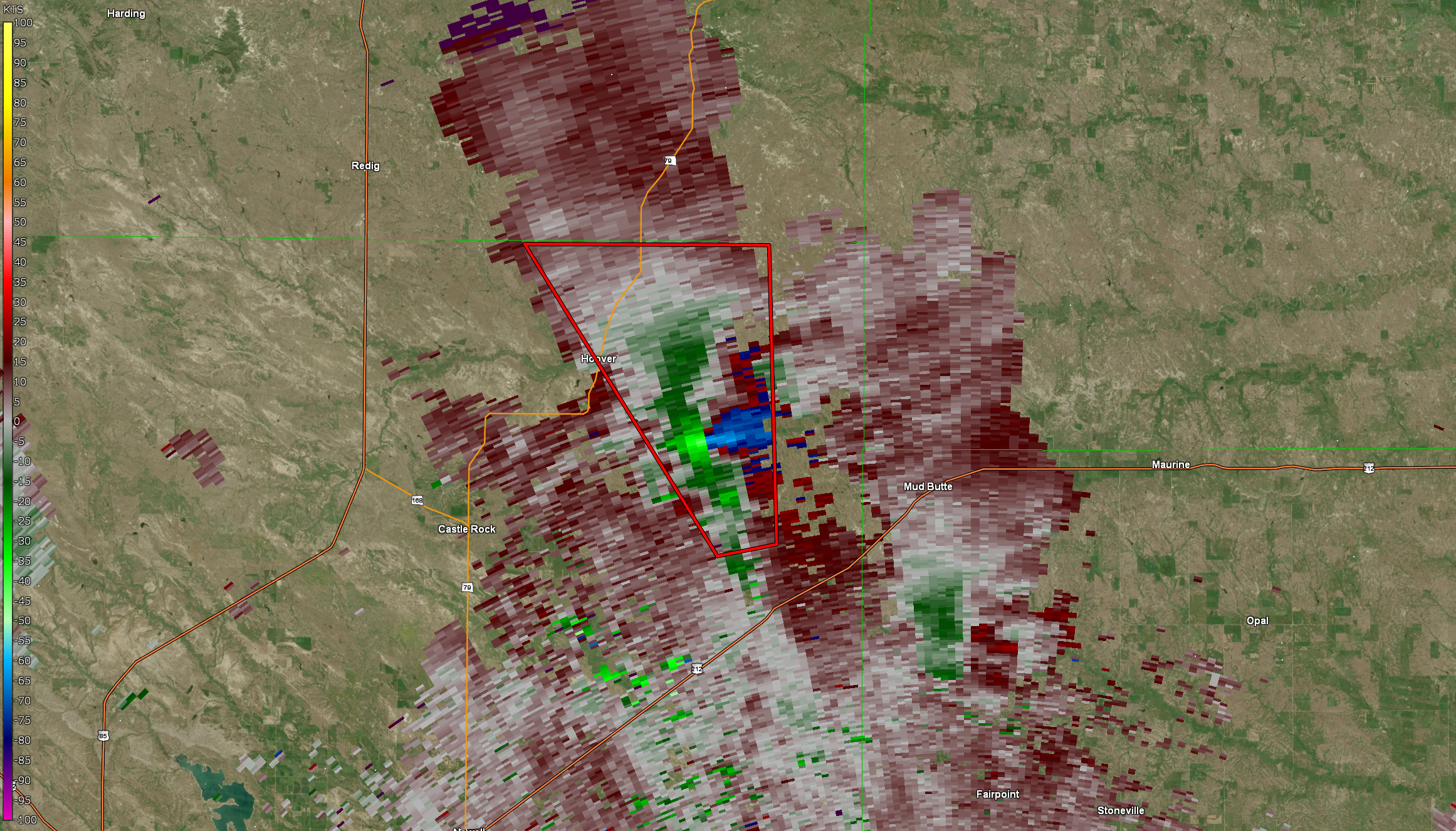 Map of radar storm-relative velocity