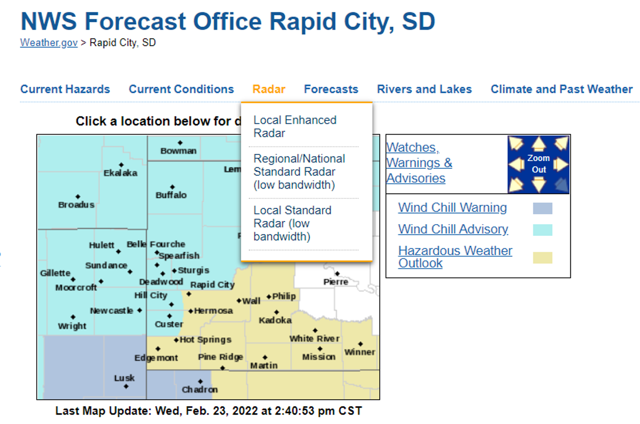 Radar Menu on Rapid City NWS website